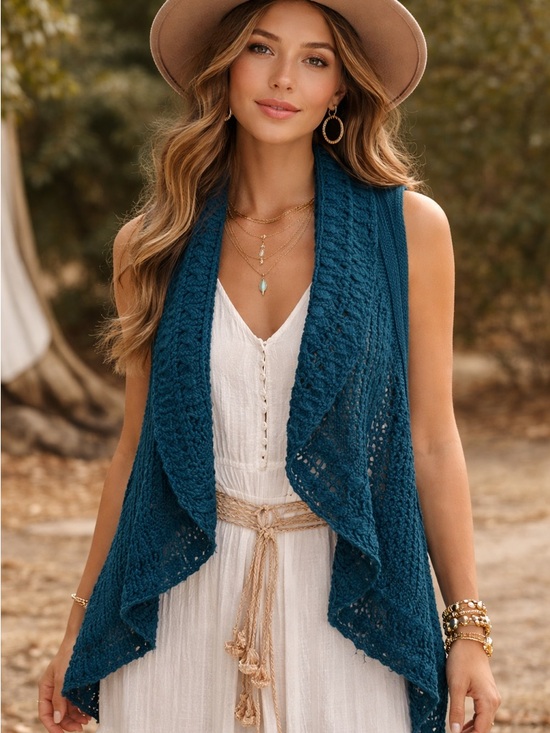 GNW Sweaters - GNW sleeveless cardigan turquoise blue, Open-Front Crochet Knit Vest size:L